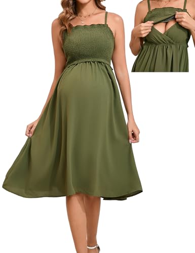 LYTHMER Damen Umstandskleid Stillkleid gesmoktes Midi-Maxikleid Verstellbare Spaghettiträger Quadratischer Ausschnitt Umstandskleidung, Olivgrün, X-Groß LYTHMER Damen Umstandskleid Stillkleid gesmoktes Midi-Maxikleid Verstellbare Spaghettiträger Quadratischer Ausschnitt Umstandskleidung, Olivgrün, X-Groß von LYTHMER