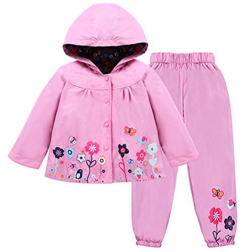 LZH Baby Mädchen Regenmantel Anzug Wasserdichte Kapuzenmantel Jacke & Hose 2Pcs Outwear Kleidung Set,Rosa,1–2 Jahre(100) von LZH