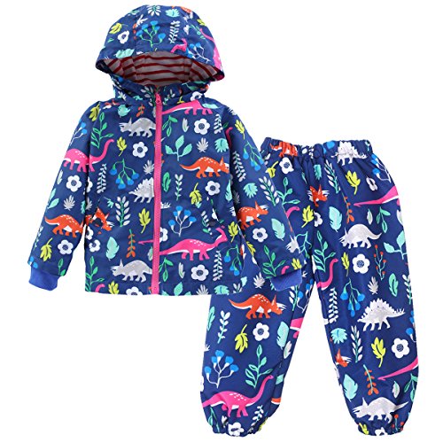 LZH Jungen Kinder Dinosaurier Regenjacke Kapuze +Regenhose 2pcs Bekleidungsset, Blue, 116 (Herstellergröße: 120) von LZH