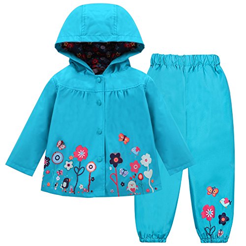 LZH Baby Mädchen Regenmantel Anzug Wasserdichte Kapuzenmantel Jacke & Hose 2Pcs Outwear Kleidung Set,Blau,4-5 Jahre(130) von LZH