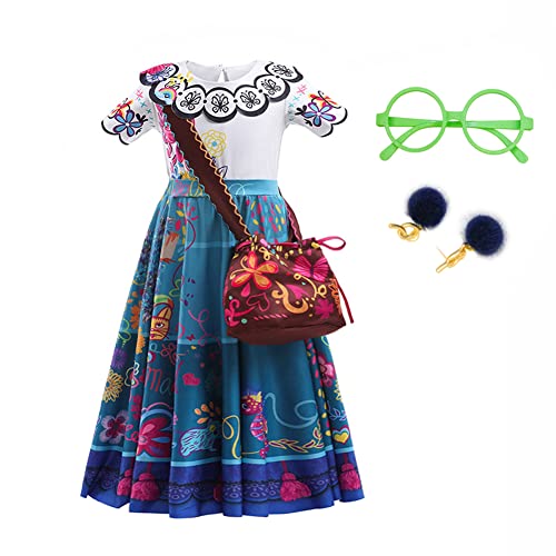 LZH Mirabel Madrigal Kostümkleid Encanto Mirabel Isabela Verkleidung Kostüm Cosplay Prinzessin Kleid mit Tasche und Brille Grün für Mädchen,Blau,3-4 Jahre von LZH