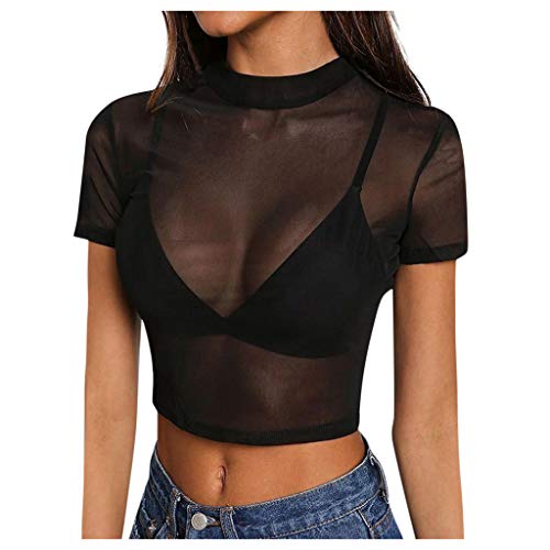 Bluse Damen Sexy Transparent: Damen-Shirts Kurzarm TüLl-Mesh Oberteile Schwarz Leichtes Durchsichtig-Bauchfreie Oberteile Sexy Einfarbig Shirt Stehkragen Kurzarmshirt Elegant T-Shirt LäSsig Crop Top von LZPCarra