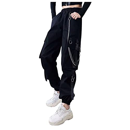 Cargohosen Teenager MäDchen: Cargohose Damen Baggy High Waist Freizeithose Weites Bein Cargo-Pants Vintage 90er Y2k Jeans Baggy Cargo Hose Harajuku Streetwear Hose-Gothic Hosen Mit Kette, Punk Hose von LZPCarra