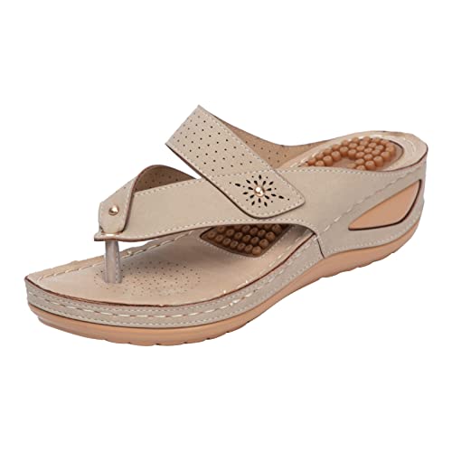 Damen Flip Flop Mit Weichem Fußbett - Orthopädische Hausschuhe Damen Leder, Sommer Hausschuhe Keilsandaletten Sandalen Aushöhlen Flip Flops Mit Fußgewölbestütze Freizeit Plateau Strandsandaletten von LZPCarra