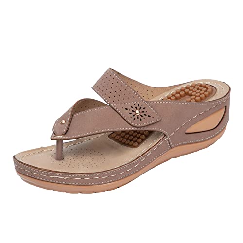 Damen Flip Flop Mit Weichem Fußbett - Orthopädische Hausschuhe Damen Leder, Sommer Hausschuhe Keilsandaletten Sandalen Aushöhlen Flip Flops Mit Fußgewölbestütze Freizeit Plateau Strandsandaletten von LZPCarra