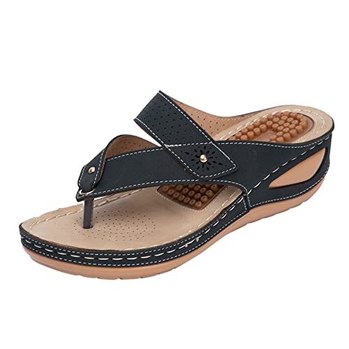 Damen Flip Flop Mit Weichem Fußbett - Orthopädische Hausschuhe Damen Leder, Sommer Hausschuhe Keilsandaletten Sandalen Aushöhlen Flip Flops Mit Fußgewölbestütze Freizeit Plateau Strandsandaletten von LZPCarra