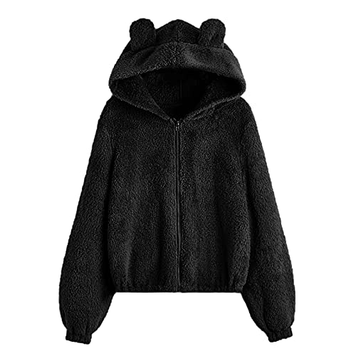 Flauschjacke Kurz Damen - Teddy Jacken FüR Damen Mit Kapuze Kawaii Clothes Cute Kapuzenpullover-Teddy Fleecejacke Mit Ohren Kapuzenjacke Flauschiger PlüSchmantel - üBergangsjacke - Fleecejacke von LZPCarra