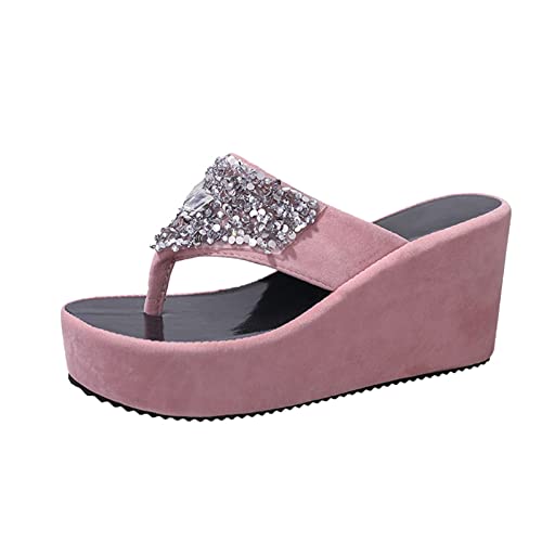 Flip Flops Damen Elegant Mit Glitzer - Damen Flip Flop Dicke Sohle, Absatzschuhe Offen Glänzend Sommer Flache Zehentrenner Strandsandaletten Pantoletten Open Toe Sandals Freizeit Römersandalen von LZPCarra