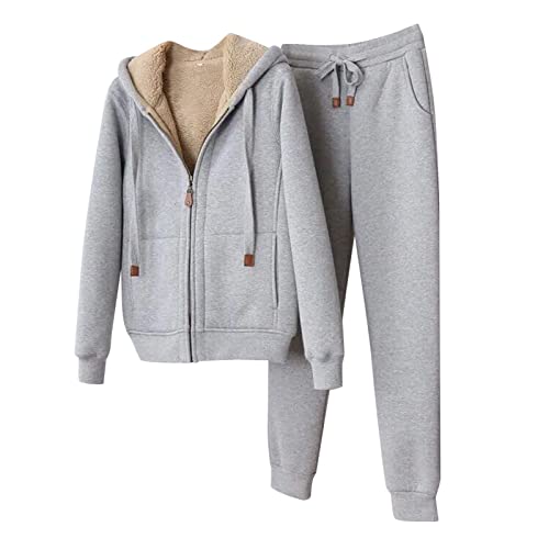 Jogginganzug Damen Winter Fleece - Hausanzug Damen Kuschelig Große Größen, Warm Freizeitanzug Mit Kaputze Schlafanzug 2-Teilig Sportanzug Set Mit Taschen Einfarbige Stretch Anzug Trainingsanzug von LZPCarra