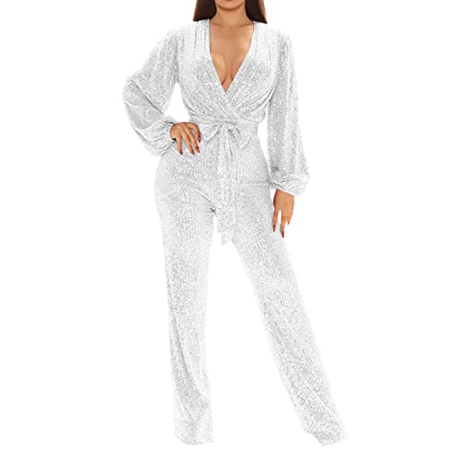 Jumpsuit Damen Elegant Langarm Glitzer-Overall Damen Elegant Festlich Hochzeit Hosenanzug Sexy V-Ausschnitt Playsuit Lang Strampler Cocktail Pailletten-Jumpsuits & Playsuits Elegante Einteiler Romper von LZPCarra