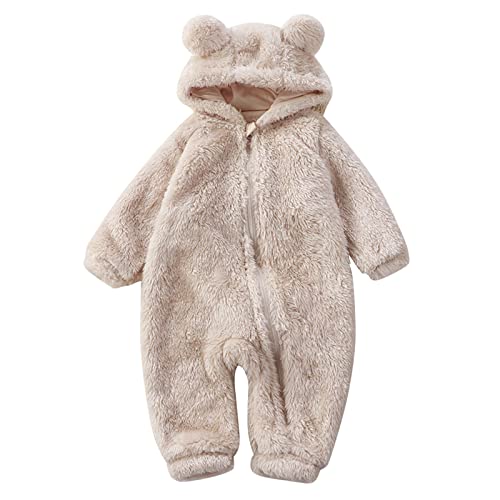 Jungen Kleidung 56 Neugeborenes Baby Mädchen Jungen niedlich solide lange Ärmel Cartoon Ohren Fleece füßig mit Kapuze Reißverschluss Strampler warmer Footie Overall Schlafanzug (Beige, 0-3 Months) von LZPCarra