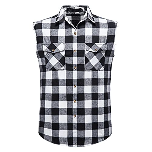 Kariertes Hemd Herren Western - Hemdjacke Herren Sommer Ärmelloses Holzfällerhemd Button-Down-Hemd Stehkragenhemd Männer Karohemden Tanktop Kurzarm-T-Shirt Strandhemd Herrenhemden/Freizeithemd von LZPCarra