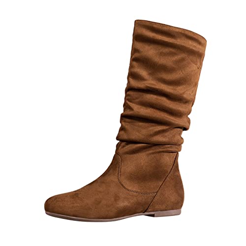 LZPCarra , einfarbig, plissiert, Florstiefel, britischer Stil, flacher Boden, mittelgroße Stiefel Damen Schuhe Silber (Brown, 39) von LZPCarra