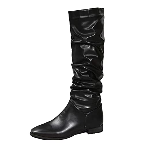 LZPCarra , einfarbiges, faltige, Spitze Zehen, Flache, Lange Stiefel Winter wasserdichte Schuhe Damen (Black, 40) von LZPCarra