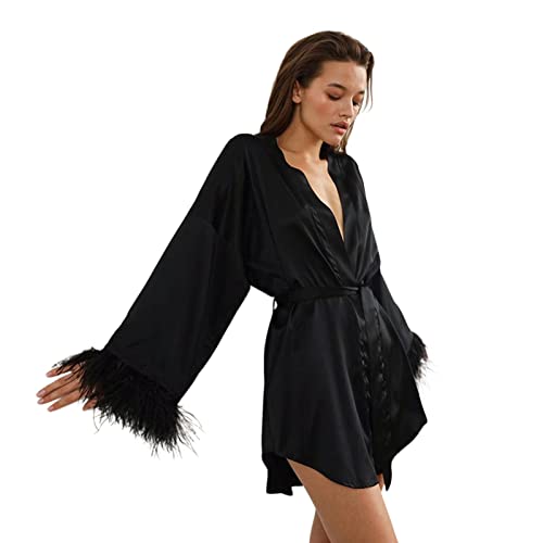 LZPCarra Damen Morgenmantel Satin Mit Federn - Schlafanzug Damen Sexy, Sommer Bademantel Kimono Satin Morgenmantel V-Ausschnitt Manschetten Kimono Kurz Nachthemd Hochzeit Seide Mit Gürtel Nachtwäsche von LZPCarra