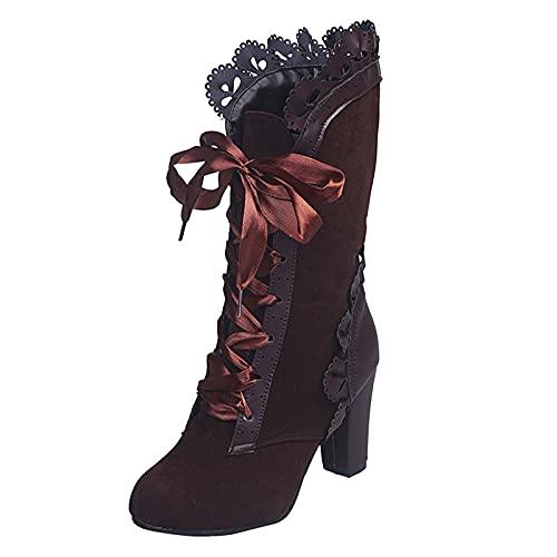 LZPCarra Damen Stiefel 2021 Winter Stiefeletten Muster Kurze Stiefel Damen Schnürsenkel Schwarz Rund (Brown, 42) von LZPCarra