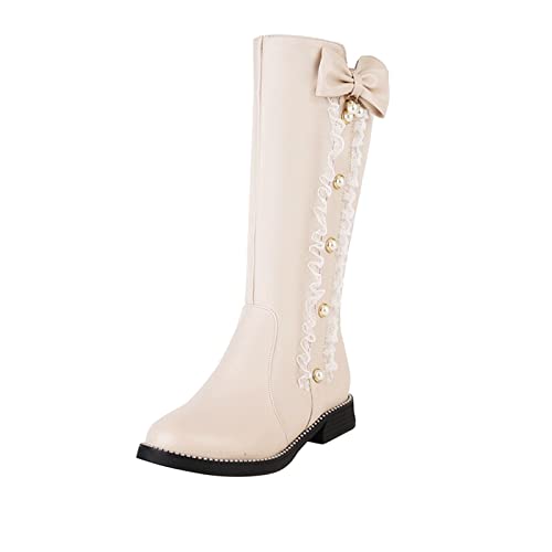 LZPCarra Damen süße Mode Schleife einfarbig flache runde Zehe quadratische Ferse mittlere lange Stiefel im Studentenstil Damen Absatz 42 (Beige, 39) von LZPCarra