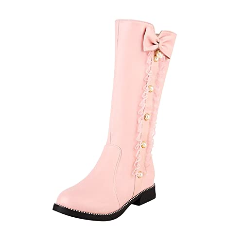 LZPCarra Damen süße Mode Schleife einfarbig flache runde Zehe quadratische Ferse mittlere lange Stiefel im Studentenstil Damen Absatz 42 (Pink, 39) von LZPCarra