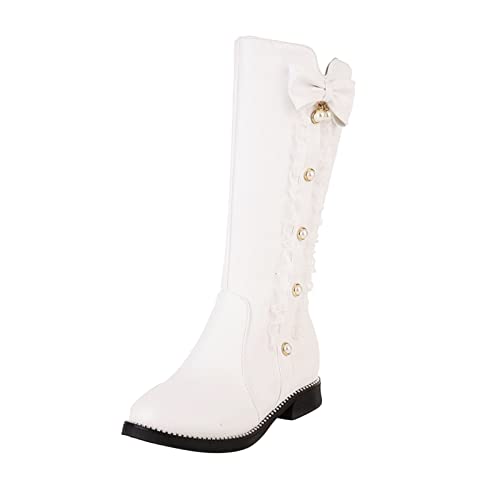 LZPCarra Damen süße Mode Schleife einfarbig flache runde Zehe quadratische Ferse mittlere lange Stiefel im Studentenstil Damen Absatz 42 (White, 40) von LZPCarra