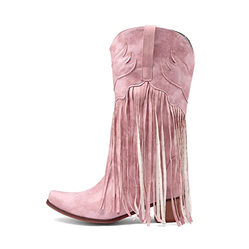 LZPCarra Damenstiefel Bequemer Pull-On Chunky Heel Spitzschuh Fransen Stiefel Western Kniehohe Stiefel Mittlere Stiefel O Damen Schuhe 36 (Pink, 39) von LZPCarra