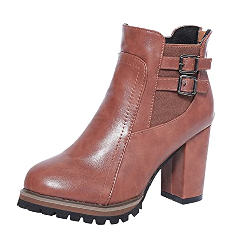 LZPCarra Einzelne Stiefel, kurze Damen-Absatz, Knöchelreißverschluss, hohe Stiefel, Damen, dicke Schuhe, Damenstiefel Damen Wasserdichte Schuhe (Brown, 37) von LZPCarra