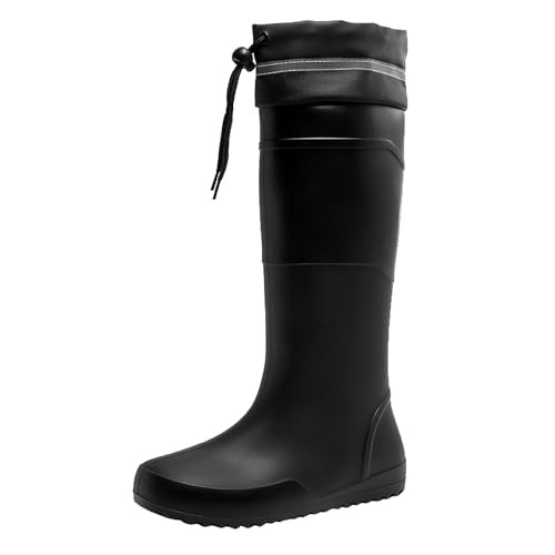 LZPCarra Extra hohe Regenschuhe mit Flacher Sohle für Herren, Wasserschuhe für Herren, mit Geschirr und festem Baumwollvlies, Lange Regenstiefel, 40 Meter, Gummischuhe Schuhe Breite Füße (Black, 41) von LZPCarra