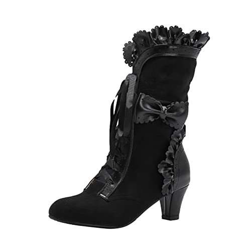 LZPCarra Frauen Mitte Wade Stiefel und Winter Außenhandel Mode Rüschen Schleife Bequeme Schleife Schnürung Rutschfeste Schuhe Damen Winter (Black, 38) von LZPCarra