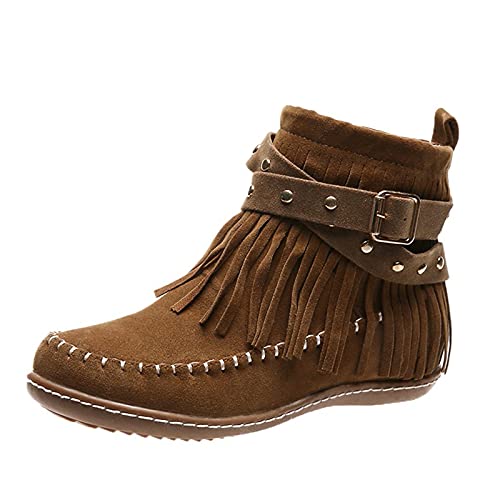 LZPCarra Frauen solide Wildleder Retro-Zehen Runde kurze Schuhe Quasten Reißverschluss flache Farbe Booties Damenstiefel Hohe Schwarze Damen Mit Absatz (Brown, 37) von LZPCarra