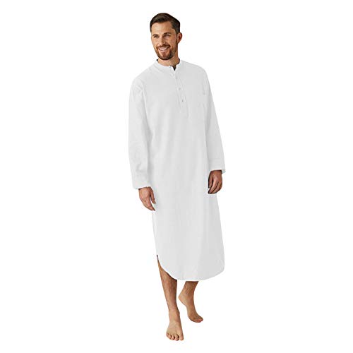 Leinen-Robe Herren Kaftan Lang Nachtwäsche Sommer Leicht-Bademantel Langarm Herrenhemd Stehkragen Schlafanzug Große Größen Luftig Nachthemd Dünn-Bademäntel/Reisebademantel Männer Hausanzug von LZPCarra