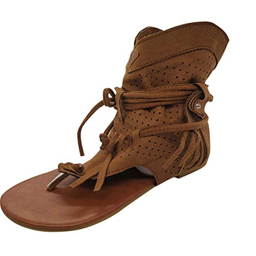 LZPCarra Pantoletten Damen Mit Fussbett Zehentrenner - Plateau Stiefel Damen, Retro Sandaletten Aushöhlen Zehentrenner Sommer Flip Flops Flache Schuhe Mit Fransen Römersandalen Knöchelwickel Slides von LZPCarra