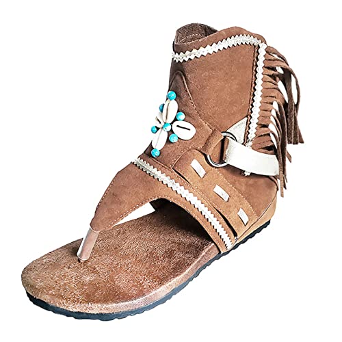 LZPCarra Sandalen Quaste Retro Damen Damen Flops für Damen Flip Sandalen Ethnic Outdoor Schuhe Damen Sandalen Damen Sexy Schuhe Mit Absatz (Brown, 41) von LZPCarra