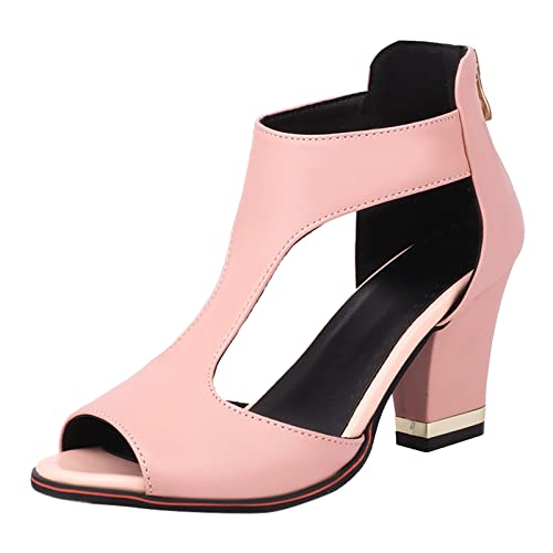 LZPCarra Sommer-Sandalen mit dickem Absatz, dicke Sohle, sexy Rückenreißverschluss, hohle Fischmaulstiefel Schuhe Damen Pumps Glitzer (Pink, 37) von LZPCarra