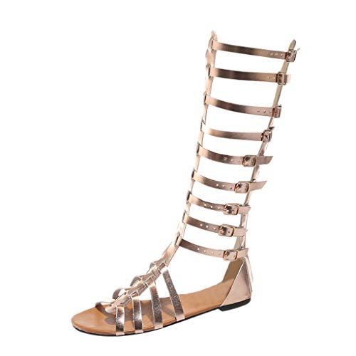 LZPCarra Sommerhoch Damenstiefel Frauen retro Sandalen Schuhe Wohnungen Mode beiläufige Knie Frauen Sandalen Hohe Schuhe Damen Größe 42 (Gold, 43) von LZPCarra