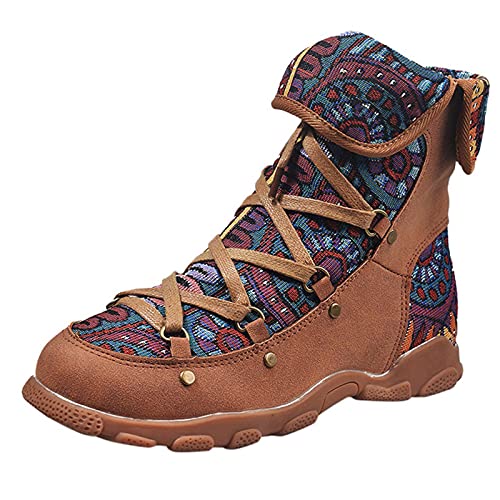 LZPCarra Stil Lässige böhmische Folk Schnürstiefel knöchelbedruckte flache Damenstiefeletten Wasserdichte Schuhe Damen 39 (Brown, 37) von LZPCarra