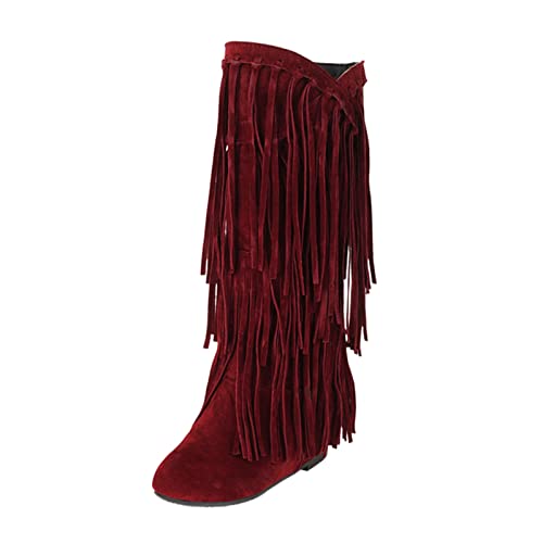 LZPCarra Winterstiefel mit dickem Absatz und Fransen in Übergröße für Damen in Booster, mittellange Stiefel Anglerhose Wasserdicht Mit 37 (Red, 43) von LZPCarra