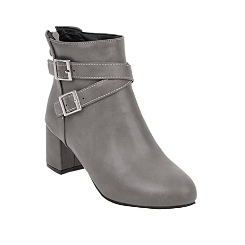 LZPCarra und Winter Frauen Dicke Ferse Kurze Stiefel Gürtelschnalle mittlerer Absatz seitlicher Reißverschluss Frauen Stiefel Stiefeletten Flach Damen 40 (Grey, 37) von LZPCarra