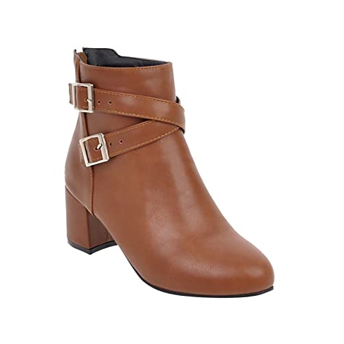 LZPCarra und Winter Frauen dicke Ferse kurze Stiefel Gürtelschnalle mittlerer Absatz seitlicher Reißverschluss Frauen Stiefel Stiefeletten Flach Damen 40 (Brown, 38) von LZPCarra