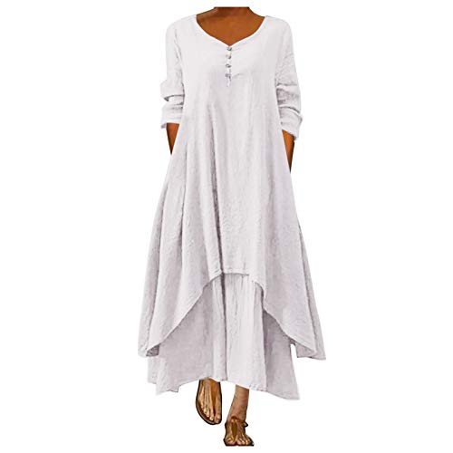 Leinenkleid Damen Sommer Italien - Abendkleid Elegant FüR Hochzeit GroßE GrößEn Partykleid 3/4 Arm Vintage Sommerkleider Lange Ballkleider Einfarbig Asymmetrien Cocktailkleid Plus Size Maxikleider von LZPCarra