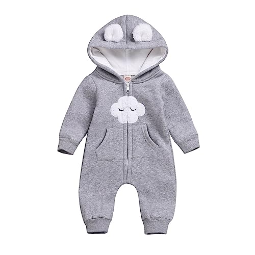 Männer Pyjama Strampler-Overall für Babys und Kleinkinder, einfarbig, Wolke, Reißverschluss, Kapuze, Fleece, langes Ohr, Krabbelanzug, Overall mit Kapuze Jumpsuit 140 Jungen (Grey, 6-12 Months) von LZPCarra