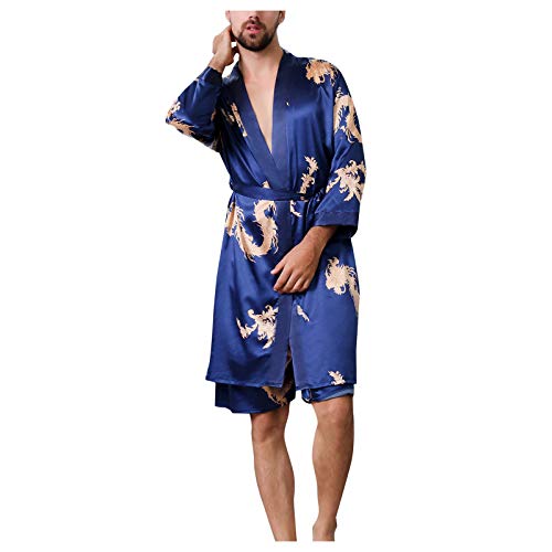 Morgenmantel Herren Leicht Seide-BademäNtel FüR Herren Ohne Kapuze HerrenbademäNtel Kurzarm Morgenmantel-Satin-Kimono Robe NachtwäSche Sommer-Schlafanzughose DüNn-Schlafanzug, Geschenk MäNner von LZPCarra