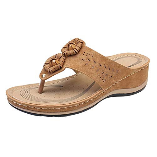 Orthopädische Flip Flops Damen Leder - Hausschuhe Damen Geschlossen Gummi, Hausschuhe Pantoletten Weiches Fußbett Boho Walking Offene Flip-Flops Freizeit Vintage Pantoffeln Lässige Mode Schuhe von LZPCarra