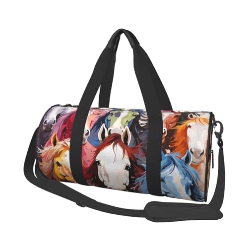 Bunte Cartoon Pferde Reisetasche für Damen Herren Turnbeutel Große Duffle Bag Weekender Übernachtungstasche mit Schultergurt, Schwarz, Einheitsgröße, Schwarz , Einheitsgröße von LZQPOEAS