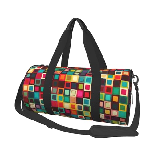 Bunte Quadrate, Reisetasche für Damen und Herren, Turnbeutel, große Reisetasche, Wochenendtasche, Übernachtungstasche mit Schultergurt, Schwarz, Einheitsgröße, Schwarz , Einheitsgröße von LZQPOEAS