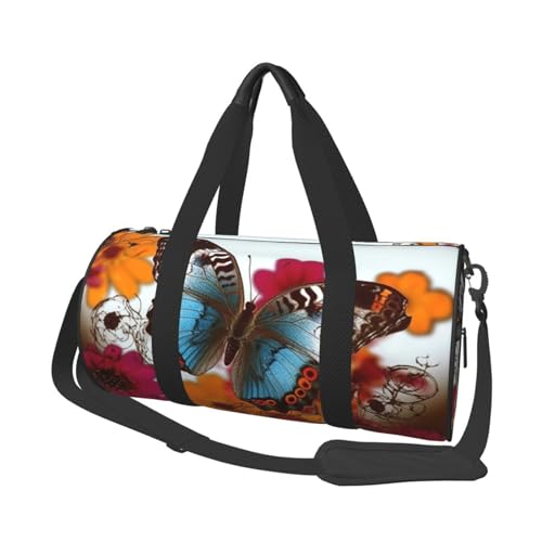 Bunte Reisetasche mit Blumen- und Schmetterlings-Motiv, für Damen und Herren, große Reisetasche, Wochenendtasche, Übernachtungstasche mit Schultergurt, Schwarz, Einheitsgröße, Schwarz , Einheitsgröße von LZQPOEAS