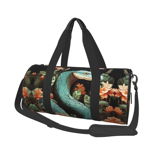 Reisetasche mit Schlangen- und Blumenmotiv für Damen und Herren, Turnbeutel, große Reisetasche, Wochenendtasche, Übernachtungstasche mit Schultergurt, Schwarz, Einheitsgröße, Schwarz , Einheitsgröße von LZQPOEAS