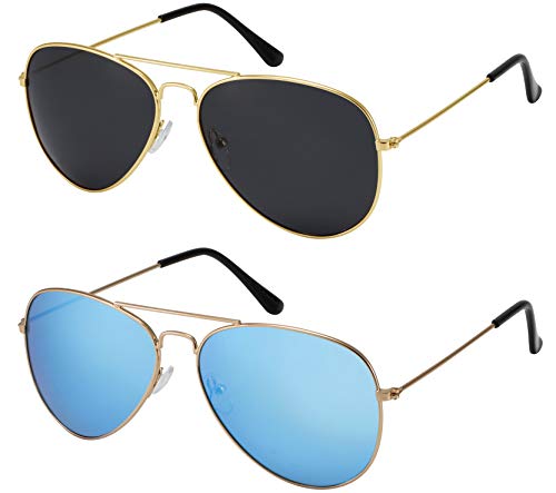 La Optica B.L.M. Sonnenbrille Herren Damen UV400 Pilotenbrille Fliegerbrille - Doppelpack Set Gold Farben (Gläser: 1 x Grau, 1 x Türkis Verspiegelt) von La Optica B.L.M.