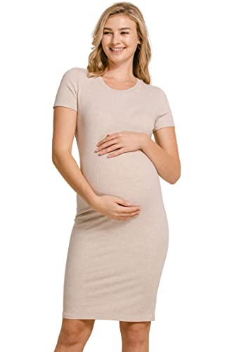 LaClef Damen Umstandskleid Kurzarm Bodycon Geripptes Kleid, beige, X-Groß LaClef Damen Umstandskleid Kurzarm Bodycon Geripptes Kleid, beige, X-Groß von LaClef