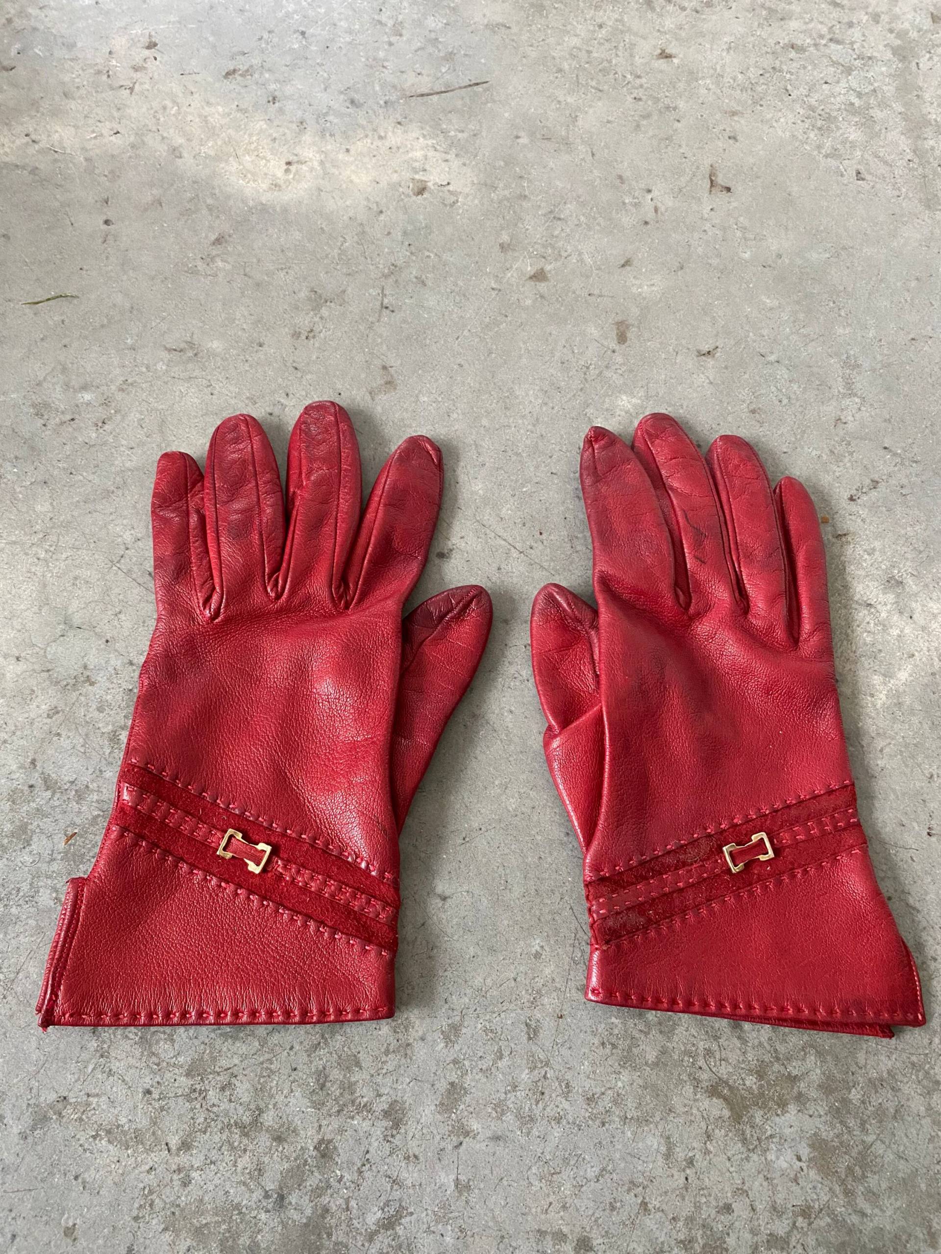 Vintage Rote Leder Gold Schnalle Damen Handschuhe Größe 7, 5 von LaCroisette