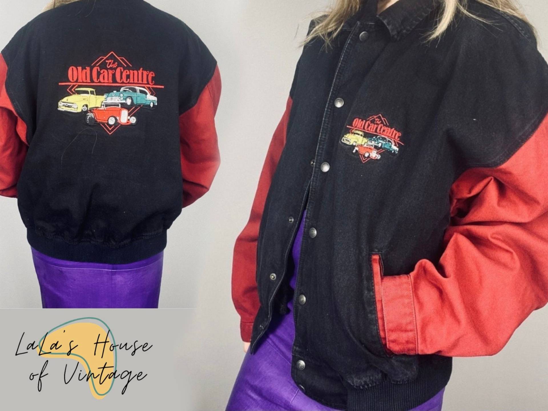 Vintage Auto Jeans Bomberjacke Rückenrote Ärmel. Aufnäher. Herren Arbeitsjacke von LaLasHouseofVintage