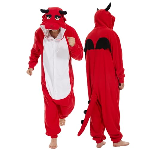 Laahoem Tier Drachen Pyjamas Unisex Erwachsene Kapuze Männer Frauen Overall Kostüm Cosplay Nachtwäsche Red XL von Laahoem